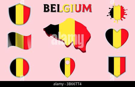 Sammlung von Flaggen und Wappen Belgiens in flachem Stil mit Karte und Text Stock Vektor