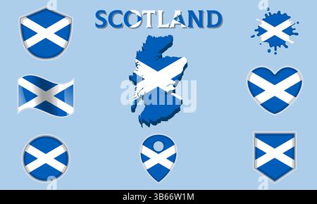 Sammlung von Flaggen und Wappen Schottlands in flachem Stil mit Karte und Text Stock Vektor
