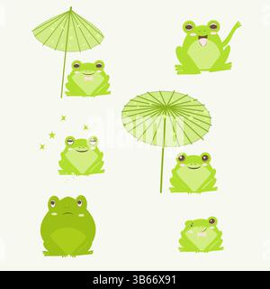Bezaubernde Kawaii Froschfiguren Set, japanische Ästhetik, flache Vektor-Illustration, weiche Pastellfarben, minimalistisches und sauberes Design, rund und mollig Stock Vektor