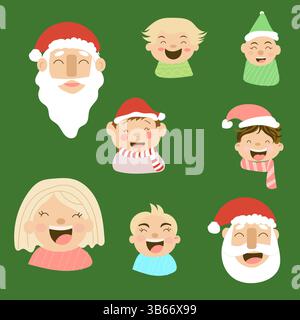 Kawaii Doodle Vektor flache Set von Weihnachten Avatar: Süßer Weihnachtsmann, lächelnde Gesichter, Kinder Zeichentrickfilm, Jungen und Mädchen Stock Vektor