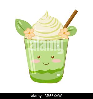 Matcha Latte Kawaii-Stil flache Vektor-Illustration, grünes mehrschichtiges Getränk im Glas mit cremiger Milch und schaumiger Matcha-Oberseite, lächelnde Tasse, kleine Schüssel mA Stock Vektor