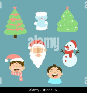 Set von weihnachten Element, santa Face, Schneemann weihnachtsbaum isoliert flache Vektor Stock Vektor