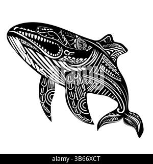 Maori-Stil Stammestierwal isoliert schwarz-weiß Vektor flach Stock Vektor