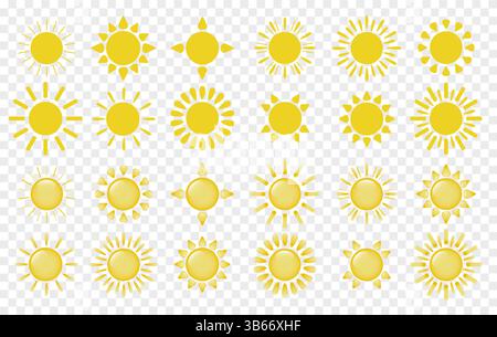 Ein großer Satz Sonnensymbole auf einem transparenten Hintergrund. Sonnenförmige Logos. Stock Vektor