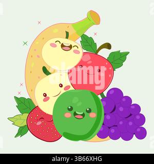 Fröhliche Fruchtfreunde, die die Seite mit lächelnden Bananen, Apfel, Trauben und Erdbeeren ausmalen, mit süßen Augen, auffälligen Umrissen und Kawaii-Zeichentrickstil Stock Vektor