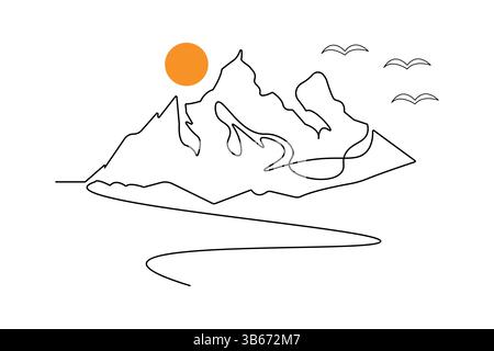 Einfache Illustration einer durchgehenden einzeiligen Zeichnung des Gebirgsvektors Stock Vektor