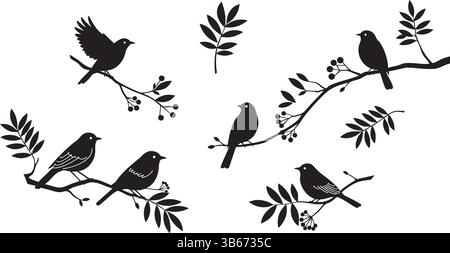 Sparrow Silhouettes Vektor-Set: Fliegende, hochstehende Vögel auf Ästen mit Blättern und Beeren Stock Vektor