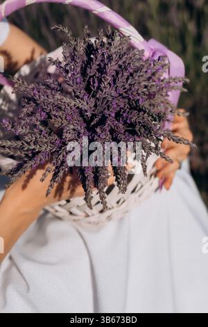 Lavendelkorb in der Natur Eine Nahaufnahme einer Person Hände, die einen weißen Korb mit Lavendelblüten halten Stockfoto