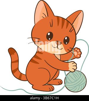 Kätzchen, die mit einem Garnknäuel spielen. Niedliches Ingwertabby-Kätzchen im flachen Chibi-Katzendesign mit sauberem, schlichtem Design. Für Kinderbücher, Story Illustrationen, Grußkarten, Aufkleber, T-Shirts, Becher und Poster. Stock Vektor