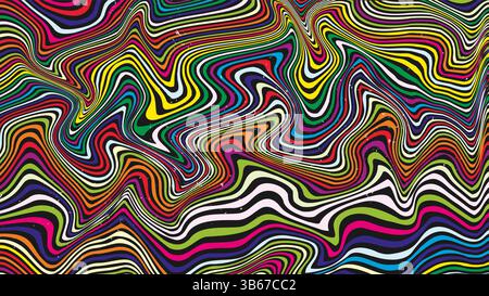 Vektorabbildung. Abstrakte bunte Wellen mit psychedelischen Wellenlinien. Mehrfarbige Marmorstruktur. Flüssige Verzerrung für Webbanner, horizontal Stock Vektor