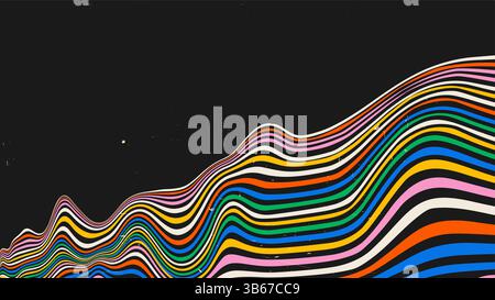 Vektorabbildung. Leuchtende, wellige Regenbogenlinien auf schwarzem Hintergrund. Psychedelische Retro-Ästhetik mit auffälligen Kurven und dynamischem Flow. Modernes Design Stock Vektor