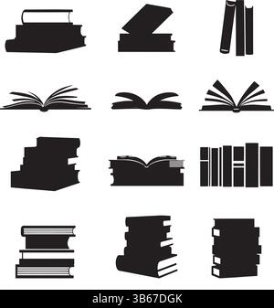 Buchsilhouetten-Kollektion – minimalistische Vektorsymbole in Schwarz und weiß mit gestapelten, offenen und geschlossenen Buchformen Stock Vektor
