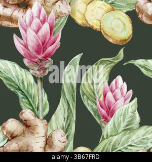 Nahtloses botanisches Aquarellmuster mit Ingwerwurzelblättern und roten Blüten auf einem dunkelgrünen grasbewachsenen Hintergrund. Stockfoto