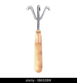 Gartenrechen mit Holzgriff. Handgemalt mit Aquarellen. Gartengeräte, isoliert auf weißem Hintergrund. Für Design, Layouts. Stockfoto