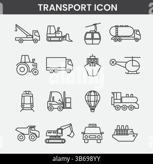 Minimalistische Transportsymbole Schwarz-weiß-Linie Kunst von Fahrzeugen, Reisen und Industrieausrüstung Stock Vektor