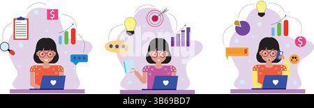 Illustration einer Multitasking-Frau am Arbeitsplatz. Illustration des flachen Vektors. Büroarbeitskonzept. Stock Vektor