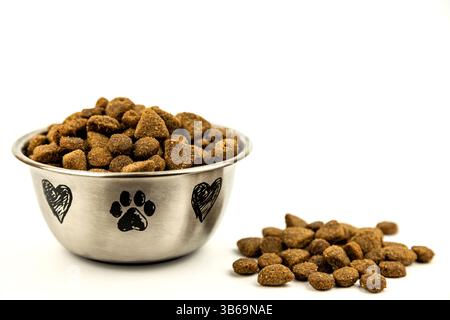 Trockenfutter für Haustiere auf einer Stahlplatte. Teller Gefüllt Mit Hundefutter Auf Weißem Hintergrund. Hochwertige Fotos Stockfoto