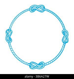 Runder Rahmen aus Schiffsseil in blauer Farbe. Runder Rand aus geflochtenem Kabel. Vektorillustration des Rahmens aus Meeresknoten isoliert auf weißem Hintergrund. Stock Vektor