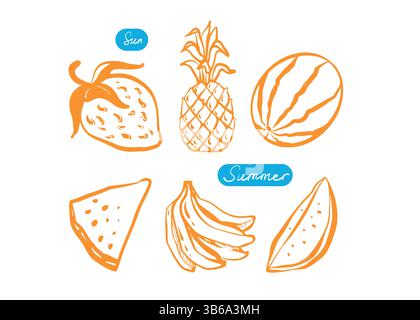 Handgezeichnete Sommerfrüchte und Beeren in orange Farbe. Illustration von Bananen, Erdbeeren, Ananas, Wassermelone und Melone. Symbolvektorsatz für Summertime-Linie Stock Vektor