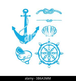 Der nautische Satz von Vektorumrissdarstellungen zum Thema Seereisen in blauer Farbe. Einschließlich Anker, Ruder, Seeknoten und Muscheln Stock Vektor