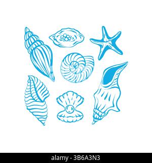 Meereskomposition mit handgezeichneten Muscheln, Seesternen und Perlen in blauer Farbe. Ozeanische Kartenvorlage. Vektorabbildung Stock Vektor