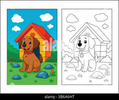 Ausmalseite Für Niedliches Hündchen Für Kinder Zum Ausdrucken. Baby Hund Im Garten Cartoon Outline Vektor. Illustration Von Tierzeichnungen Stock Vektor