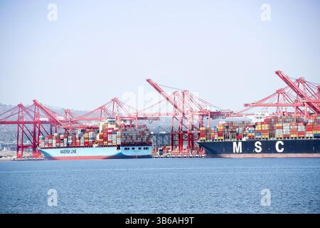 Los Angeles, Kalifornien, USA - 09-07-2019: Eine Ansicht großer roter Kräne, die Frachtcontainer im Hafen von LA von Frachtschiffen entladen. Stockfoto