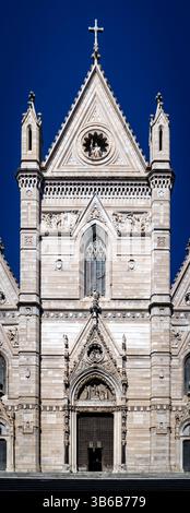 Ein atemberaubender Blick auf eine gotische Kathedralfassade mit komplizierten Steinschnitzereien, einem großen zentralen Eingang und dekorativen Türmen vor einem klaren Stockfoto