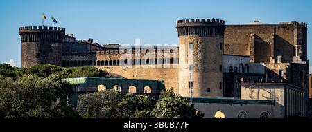 Eine historische Burg mit Steinmauern und Türmen, umgeben von Grün. Die Struktur ist mit Flaggen oben versehen und zeigt architektonische Details von di Stockfoto