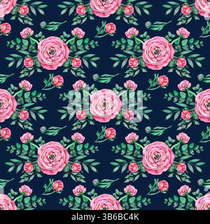 Nahtloses Muster mit zartem Ranunkel, Eukalyptus. Aquarell handgezeichneter Hintergrund. Stockfoto