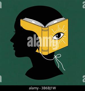 Die Silhouette einer Frau ist mit einer Buchmaske verziert. Das gelbe Buch hat ein Augenmuster auf dem Umschlag Stock Vektor