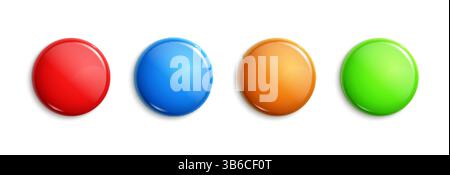 Set aus vier glänzenden, bunten runden Tasten in Rot, Blau, Orange und Grün auf weißem Hintergrund für Oberflächen- oder Designelemente Stock Vektor