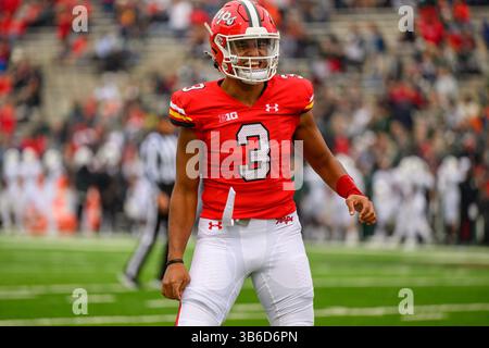 Oktober 2022: Maryland Terrapins Quarterback Taulia Tagovailoa (3) reagiert nach einem Touchdown während des NCAA-Fußballspiels zwischen den Maryland Terrapins und den Michigan State Spartans im Capital One Field im Maryland Stadium in College Park, MD. Reggie Hildred/CSM (Credit Image: © Reggie Hildred/CSM via ZUMA Press Wire) Stockfoto