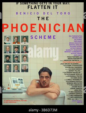 ERSCHEINUNGSDATUM: 6. Juni 2025. TITEL: Das phönizische Schema. STUDIO: Paramount Pictures. DIREKTOR: Wes Anderson. HANDLUNG: Die Geschichte einer Familie und eines Familienunternehmens. HAUPTROLLE: BENICIO DEL TORO als Poster von Zsa-Zsa Korda. (Credit Image: © Focus Features/Entertainment Pictures/ZUMAPRESS.com) NUR ZUR REDAKTIONELLEN VERWENDUNG! Nicht für kommerzielle ZWECKE! Stockfoto