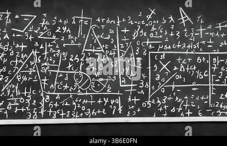 Der Schulausschuss wurde in Kreide mit komplizierten und fiktiven mathematischen Berechnungen geschrieben Stockfoto