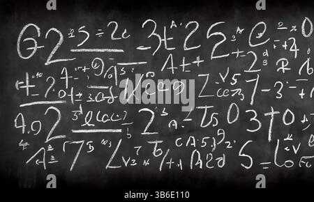 Der Schulausschuss wurde in Kreide mit komplizierten und fiktiven mathematischen Berechnungen geschrieben Stockfoto