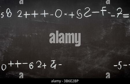 Der Schulausschuss wurde in Kreide mit komplizierten und fiktiven mathematischen Berechnungen geschrieben Stockfoto