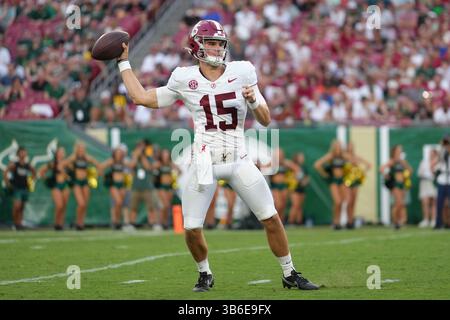 September 2023, Tampa, Florida, USA: 16. September 2023: der Quarterback Ty Simpson (15) macht einen Pass-Versuch zwischen den Alabama Crimson Tide und den South Florida Bulls im Raymond James Stadium in Tampa, Florida. (Bild: © Peter Joneleit/ZUMA Press Wire) Stockfoto