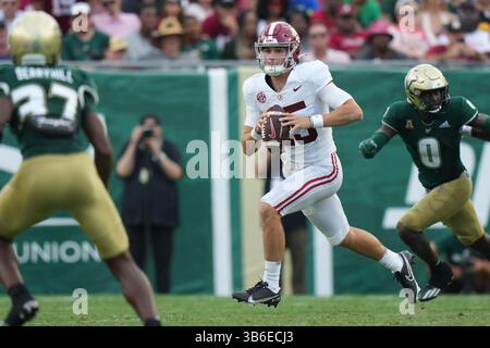 September 2023, Tampa, Florida, USA: 16. September 2023: Alabama Crimson Tide Quarterback Ty Simpson (15) sucht im Raymond James Stadium in Tampa, Florida, nach einem offenen Empfänger im Downfield, während er im Spiel zwischen den Alabama Crimson Tide und den South Florida Bulls spielt. (Bild: © Peter Joneleit/ZUMA Press Wire) Stockfoto