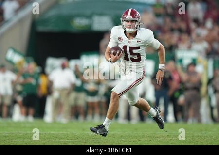 September 2023, Tampa, Florida, USA: 16. September 2023: Alabama Crimson Tide Quarterback Ty Simpson (15) stürzt mit dem Ball während des Spiels zwischen den Alabama Crimson Tide und den South Florida Bulls im Raymond James Stadium in Tampa, Florida. (Bild: © Peter Joneleit/ZUMA Press Wire) Stockfoto
