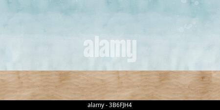 Ein beruhigender Aquarellverlauf mit schönen Blautönen und einer Holzstruktur für zusätzliche Tiefe. Handgezeichneter nahtloser Rand mit Aquarell. Stockfoto