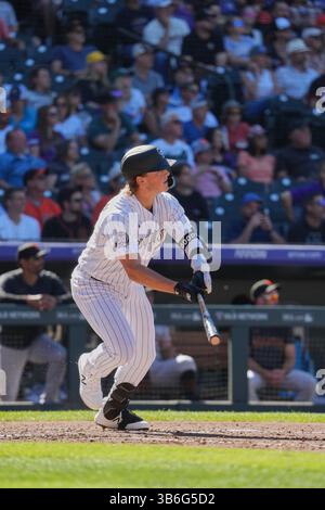 17. September 2023: Colorado Right Fielder Hunter Goodman (15) trifft seine erste Major League homer während des Spiels mit San Francisco Giants und Colorado Rockies, die im Coors Field in Denver Co. Ausgetragen werden. David Seelig/Cal Sport Medi (Bild: © David Seelig / Cal Sport Media/CSM via ZUMA Press Wire) Stockfoto