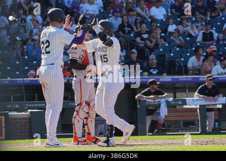 17. September 2023: Colorado Right Fielder Hunter Goodman (15) trifft seine erste Major League homer während des Spiels mit San Francisco Giants und Colorado Rockies, die im Coors Field in Denver Co. Ausgetragen werden. David Seelig/Cal Sport Medi (Bild: © David Seelig / Cal Sport Media/CSM via ZUMA Press Wire) Stockfoto
