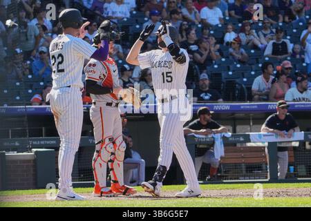 17. September 2023: Colorado Right Fielder Hunter Goodman (15) trifft seine erste Major League homer während des Spiels mit San Francisco Giants und Colorado Rockies, die im Coors Field in Denver Co. Ausgetragen werden. David Seelig/Cal Sport Medi (Bild: © David Seelig / Cal Sport Media/CSM via ZUMA Press Wire) Stockfoto