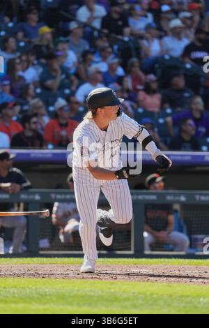 17. September 2023: Colorado Right Fielder Hunter Goodman (15) trifft seine erste Major League homer während des Spiels mit San Francisco Giants und Colorado Rockies, die im Coors Field in Denver Co. Ausgetragen werden. David Seelig/Cal Sport Medi (Bild: © David Seelig / Cal Sport Media/CSM via ZUMA Press Wire) Stockfoto