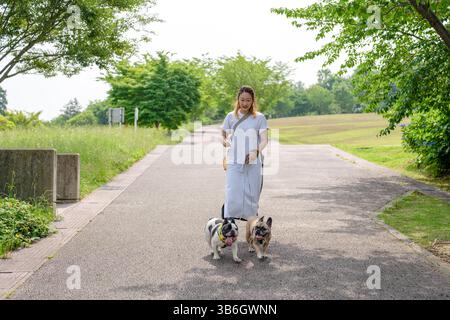 An einem Sommermorgen in einem Park mit blühenden Hortensien spaziert eine Japanerin im Alter von 30 Jahren mit zwei französischen Bulldoggen. Umgeben von Blumen und Bäumen, sind sie Stockfoto