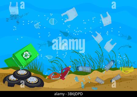 Meeresboden voller Müll. Müll im Meer. Müll im Meer. Müll im Meer, schmutziges Wasser. Plastikmüll im Ozean. Ökologisches Problem der Meeresverschmutzung. Vektor-Illustration Stock Vektor