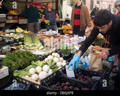 Cremona, Italien - 12. April 2025 Ein lebhafter lokaler Markt mit frischen Produkten mit Reihen von Gemüse und Früchten, die eine Fülle von Farben und Farben schaffen Stockfoto