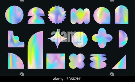 Irisierende Retro-futuristische abstrakte Formen mit holographischen Verläufen auf schwarzem Hintergrund. Stock Vektor