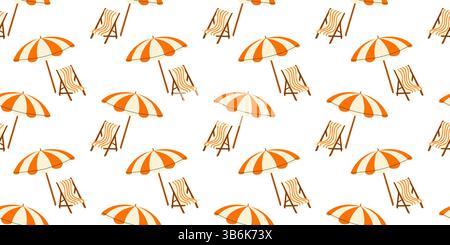 Helle und fröhliche Sonnenschirme und Liegestühle schmücken einen sonnigen Sommertag am Ufer Stock Vektor